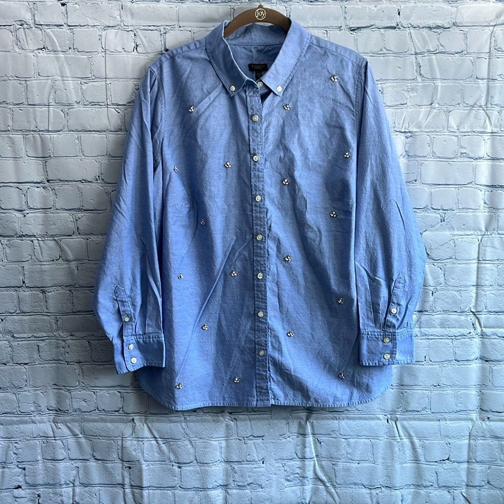 Talbots Fleur De Lis Rhinestone Oxford blue button down Shirt woman’s size 16‎ P
